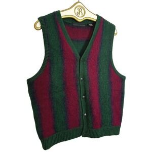 Striped Wool Sweater Vest Womens XL Green Burgundy Grandpa Core Academia Preppy